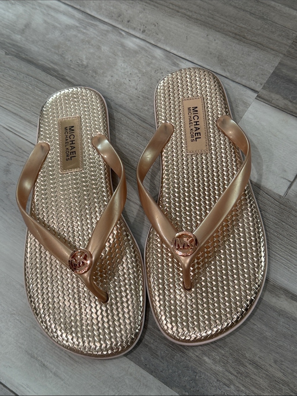 Michael Kors Metallic Rose Gold Logo Flip Flop Sandals